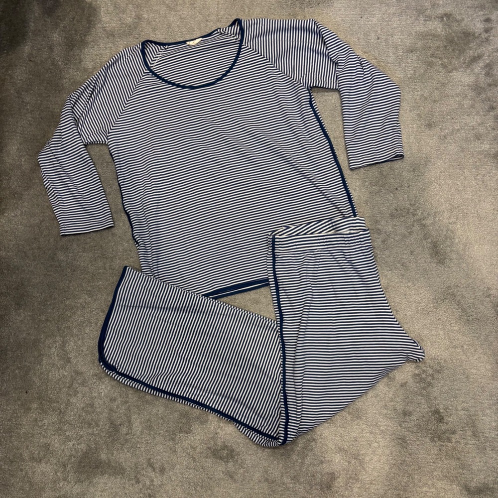 Lake Pajamas Pima Long Long Pants Set Navy White Striped Large Long Sleeve